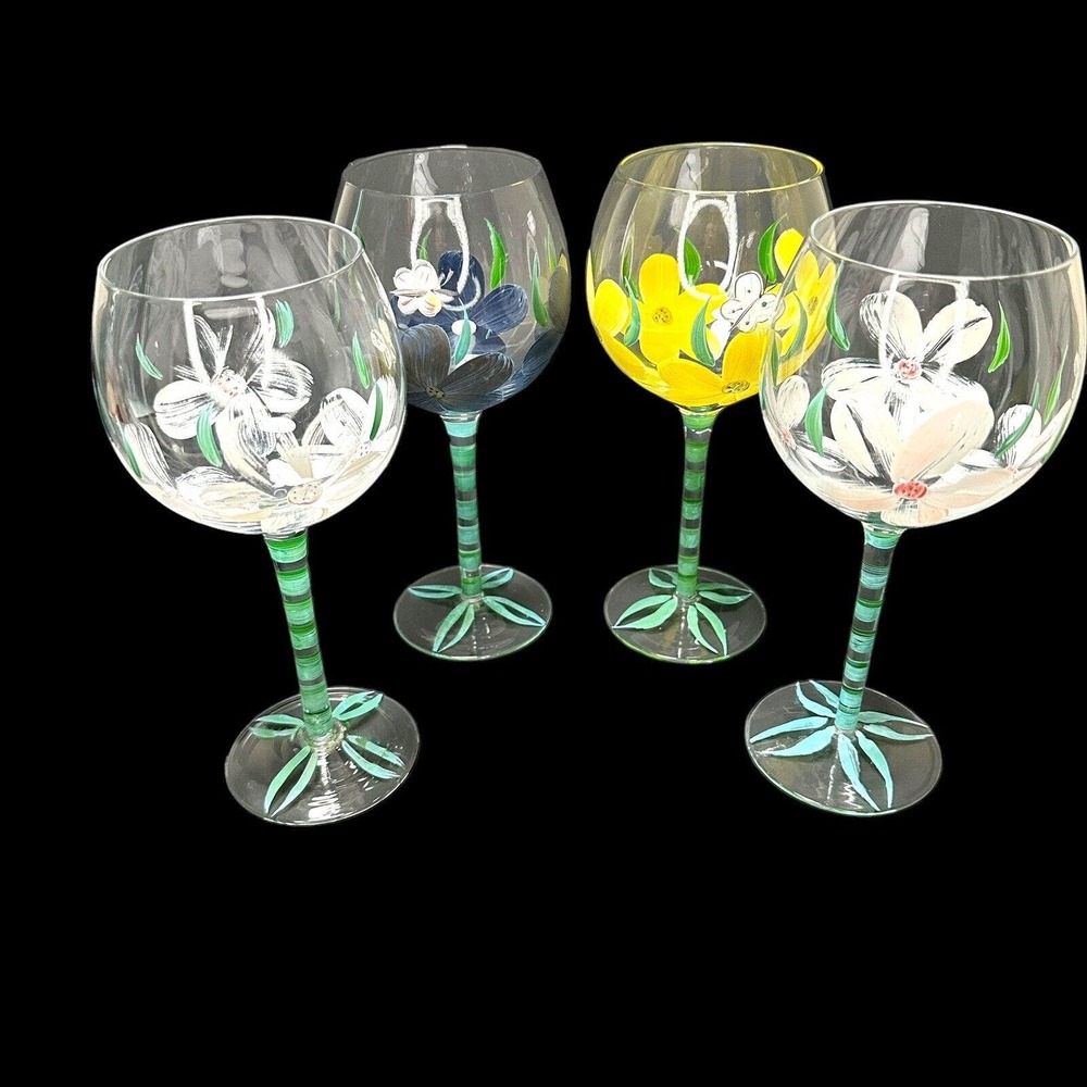 VTG Wine Goblets Hand Painted 8" Stemmed Flower/Butterly Blue Yellow White Set/4